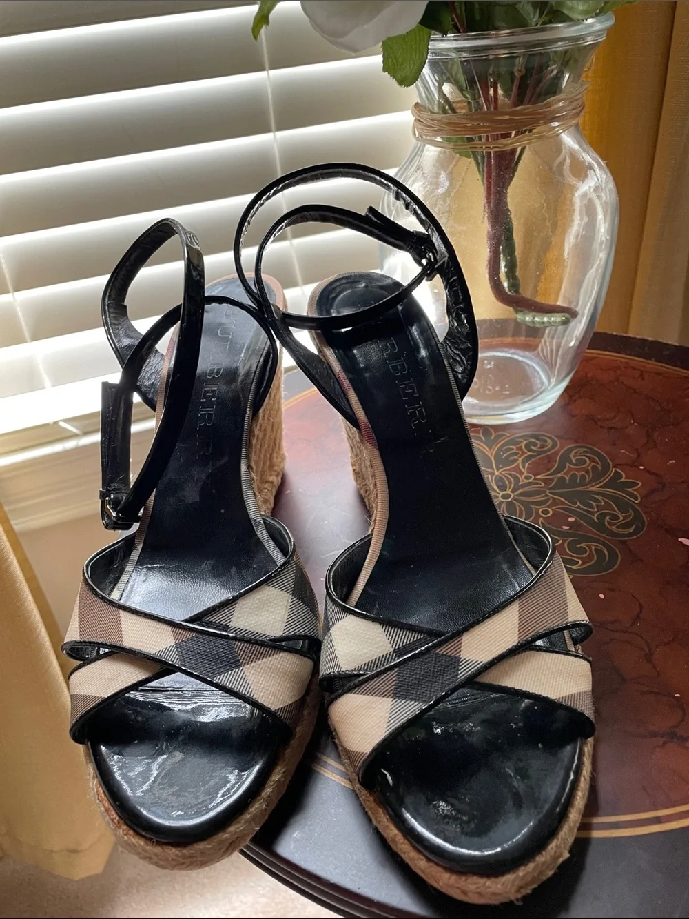 Burberry Beige & Black Check Espadrille Wedge Sandals